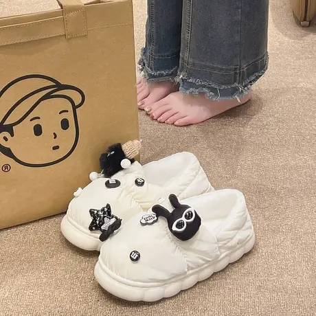 防水棉拖鞋女冬季外穿卡通DIY厚底室内家居加绒保暖可爱包跟棉鞋商品大图