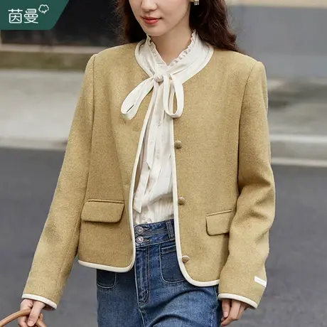 茵曼绵羊毛小香风短外套女2023冬新款粗花呢圆领气质通勤长袖上衣图片