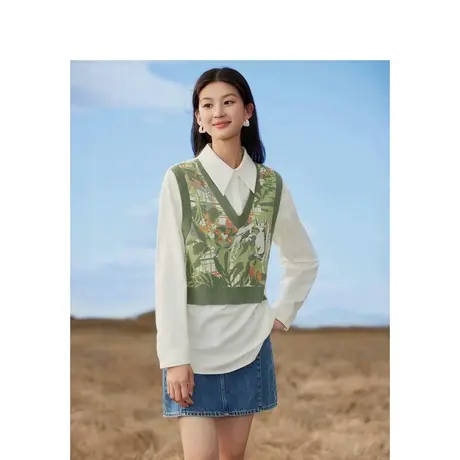 茵曼x米雷联名系列衬衣2023秋女装新款设计感拼接假两件提花上衣商品大图