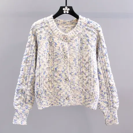 复古扎染彩点麻花毛衣外套女秋冬2023新款宽松高级感短款针织开衫商品大图
