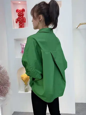 宽松休闲收腰设计衬衫女2023夏季新款时尚百搭纯色中袖女遮肚衬衣商品大图