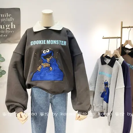 加绒加厚polo领卫衣韩国东大门小众设计感秋冬款翻领卫衣休闲大码商品大图