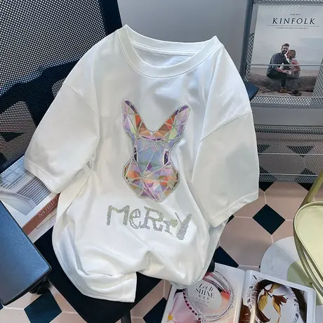 奶系减龄t恤女白色纯棉短袖oversize大码温柔ins潮夏小众印花上衣商品大图