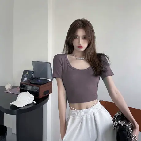 夏季2023年新款短袖别致t恤设计感小众露脐修身短款甜酷上衣女装商品大图