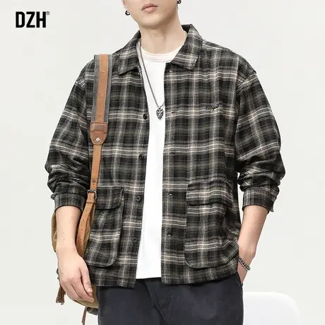 男士纯棉格子衬衫男长袖秋季外套男款高级感痞帅衬衣2023新款寸衣商品大图