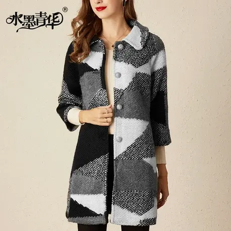 水墨青华秋装新款时尚百搭中长款简约格子毛呢外套大衣女图片