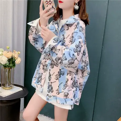 小熊撞色印花牛仔外套女2022春秋新款韩版时尚宽松ins潮夹克上衣图片