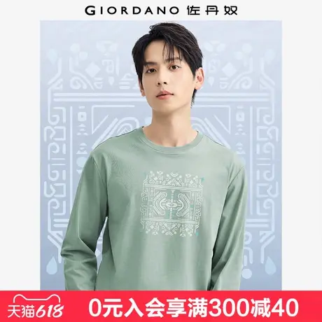 佐丹奴联名t恤男纯棉复古风园林图腾印花圆领长袖上衣男91095017商品大图