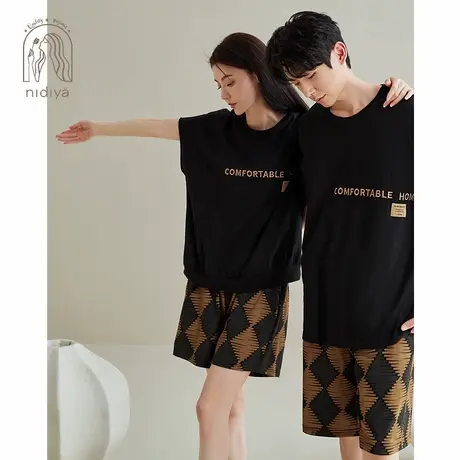 妮狄娅情侣睡衣女夏季纯棉短袖圆领套头男休闲外穿时尚家居服套装商品大图