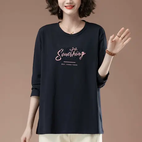 加肥加大码长袖t恤女2022秋季新款宽松中年妈妈遮肚子纯棉打底衫商品大图
