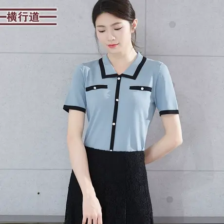 针织短袖女夏季2023新款翻领撞色纯色简约上衣洋气外穿显瘦夏装女商品大图