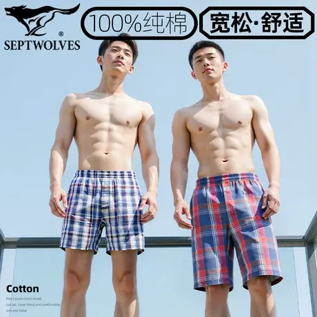 七匹狼短裤宽松男纯棉五分裤夏外穿沙滩裤格子100%棉家居裤带口袋商品大图