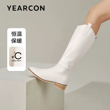 意尔康网红骑士靴女2023冬新款加绒v口真皮粗跟西部牛仔中长筒靴图片