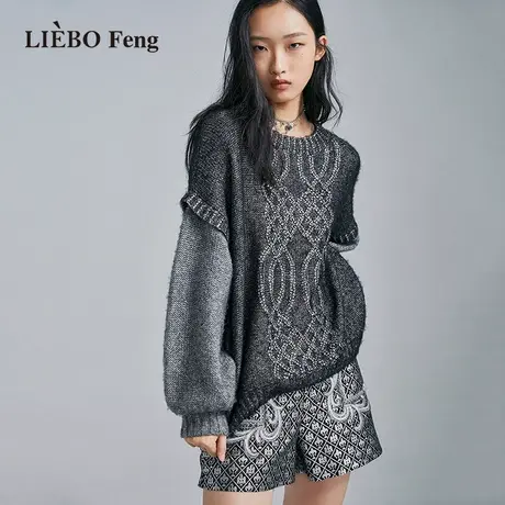 裂帛LIEBOFeng设计师品牌2023年秋复古宽松慵懒风烫钻灰黑色毛衣图片