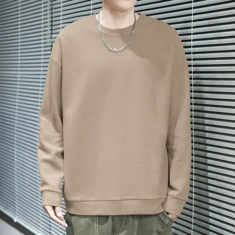 2023新款华夫格圆领卫衣男秋冬加绒加厚套头无帽长袖t恤潮流百搭商品大图