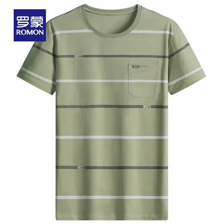 【官方正品】罗蒙纯棉男士圆领短袖夏季薄款条纹百搭中青年打底衫图片