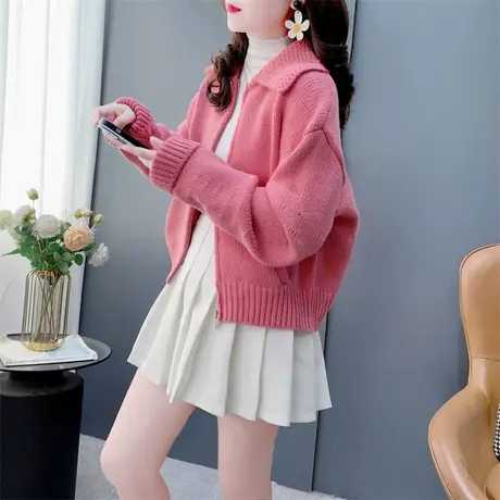 温柔风翻领拉链毛衣开衫女早春2025年新款小个子百搭针织外套上衣图片