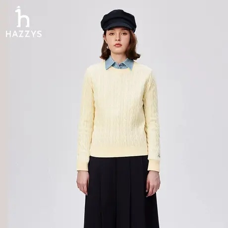 Hazzys哈吉斯针织衫女士秋季圆领绞花纯色套头休闲舒适长袖上衣潮图片