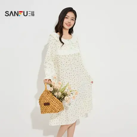 三福女秋季田园碎花花边长袖睡裙 甜系氛围感宽松家居服504624商品大图