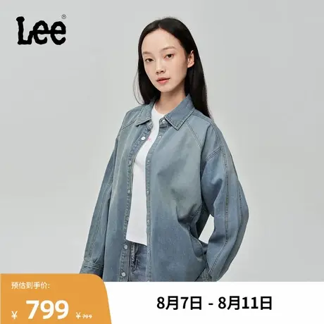 Lee商场同款25秋冬新品宽松版翻领Logo徽标浅蓝色女长袖牛仔衬衫图片