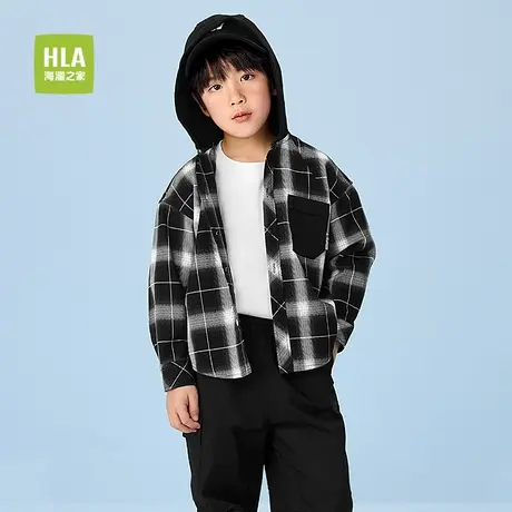 HLA/海澜之家纯棉格子长袖衬衫25春秋新款连帽时尚外套男女童装图片