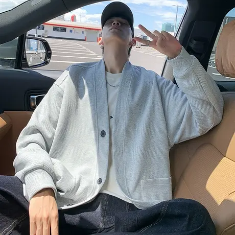 华夫格卫衣男春秋季2025新款扣子V领开衫外套美式大码纯色上衣服商品大图