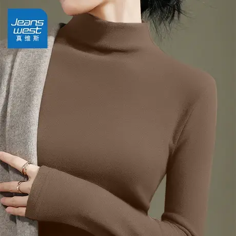 NOE真维斯咖色高领德绒打底衫女2025新款秋冬季青少年休闲上衣商品大图