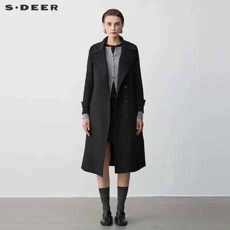 sdeer圣迪奥女装休闲西装领收腰长款双面呢大衣S23482506商品大图