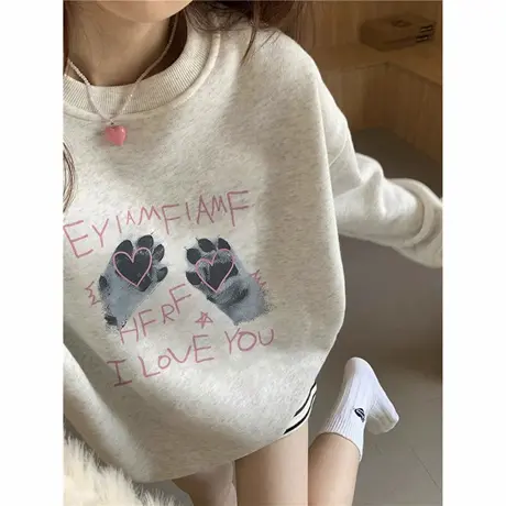 美式复古重磅卫衣女秋冬季初中生上衣2025新款爆款小个子圆领长袖商品大图