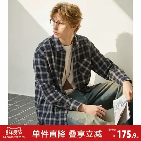 唐狮2026春季新款男格纹长袖衬衫藏青色调翻领设计通勤风早春穿搭图片