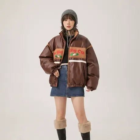街头潮牌复古拼接PU皮棉服女加厚冬季美拉德外套2023小个子棉衣图片