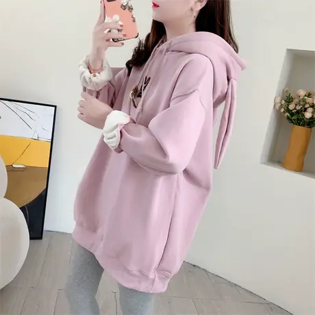 中长款卡通减龄加绒加厚连帽卫衣女秋冬2023年新款学院风保暖上衣商品大图