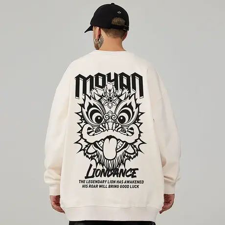 国潮原创设计感醒狮卫衣中国风加肥加大2023新款大码男装秋冬加绒商品大图