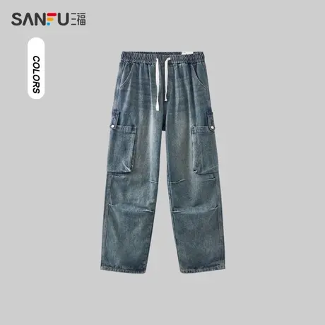 三福2023冬男士膝盖打褶工装牛仔裤 时尚宽松直筒长裤男477109商品大图