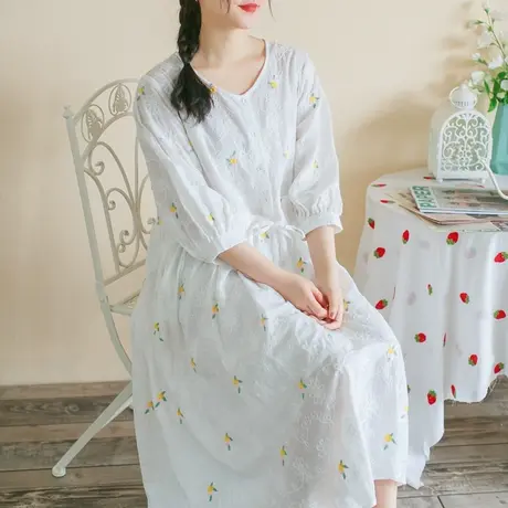 胖妹妹夏季2023新品全棉刺绣少女感长裙 加大码微胖五分袖连衣裙商品大图