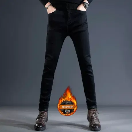 加绒牛仔裤男纯黑色修身小脚2023秋冬新款潮流男士时尚弹力裤子男图片