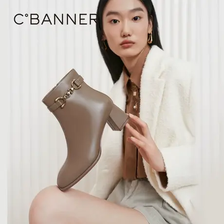 【直播间】千百度女鞋秋冬新款时装靴马鞍扣羊皮靴瘦瘦靴真皮靴子商品大图