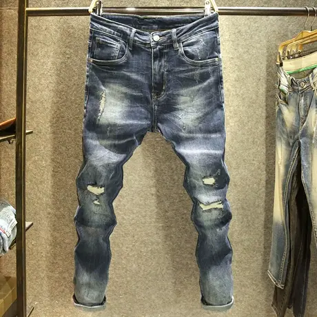 潮牌破洞刮烂牛仔裤男款潮流韩版修身小脚裤秋冬款潮破补丁裤子男商品大图