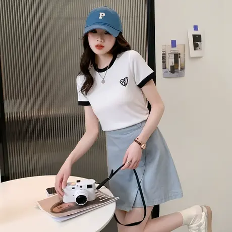 唐狮女圆领撞色短袖T恤简约甜美减龄修身上衣学院风白色短袖T恤商品大图