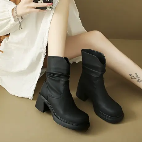 小个子复古厚底马丁靴女款2023新款秋冬季加绒堆堆靴短靴子瘦瘦靴图片