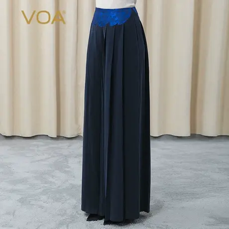 VOA30姆米真丝重磅藏青自然腰撞料拼接信封褶插袋桑蚕丝阔腿裙裤商品大图