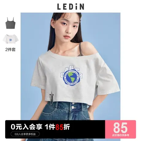 乐町两件套印花短袖T恤女夏季新款辣妹吊带体恤美式短款上衣商品大图