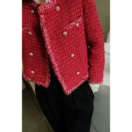 2023秋冬季新款法式蝴蝶纱线粗花呢双排扣高级女士小香风短款外套商品大图