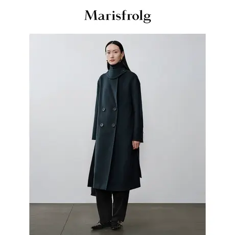 【艺术时装大衣】玛丝菲尔秋季新款墨绿色羊毛长款毛呢外套商品大图