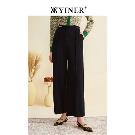 YINER音儿专柜女装2022秋季新款黑色高腰垂感阔腿休闲裤商品大图