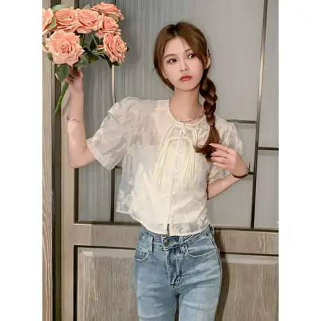 othermix国风盘扣2023夏季新款天丝面料绑带衬衫上衣+里件二件套图片