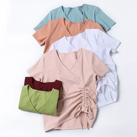 夏季新款纯棉V领修身星空亮片抽绳短袖体恤上衣韩版女装网红同款商品大图