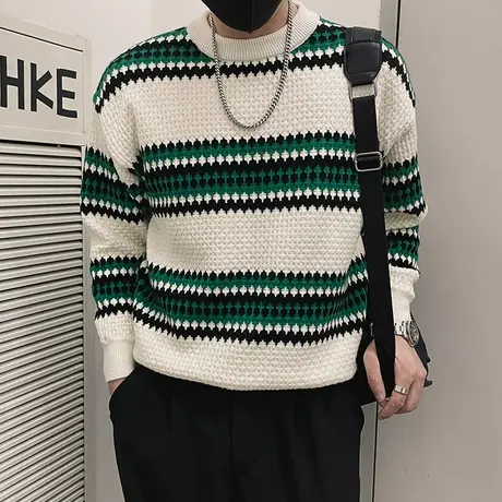 撞色提花毛衣男秋冬季2023新款潮牌宽松痞帅休闲慵懒风针织打底衫商品大图