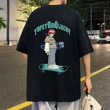 oversize滑板印花短袖t恤男夏季潮牌美式纯棉重磅半截袖宽松体恤商品大图
