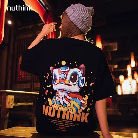 国潮中国风新年醒狮宽松短袖T恤男潮ins潮牌潮流加肥加大情侣体恤图片